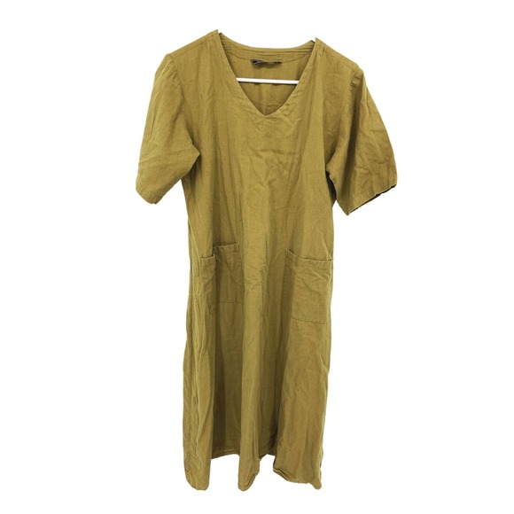 Modern Move Lagenlook Mustard Midi Dress Short Sleeve V Neck with Pockets - Picture 1 of 6